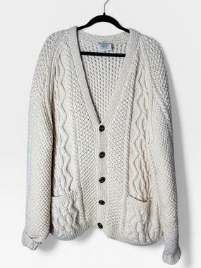 Blarney Woollen Mills Sweater Off White 100% Wool Aran Handknit Cardigan (M)